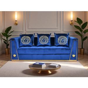 【並行輸入品】THSUPER 88インチ ベルベット モダンソファ 3人掛け 高級ソファ メタルパターンと枕付き リビングルーム用 (ブルー&ゴ