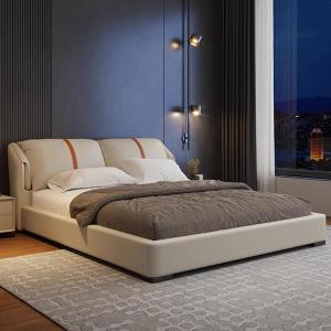 【並行輸入品】 DLCQIJI White Genuine Leather Wood Bed Upholstered Platform Bed
