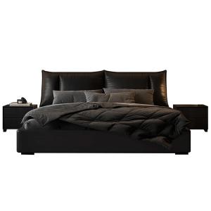 【並行輸入品】 DLCQIJI Black Queen Size Genuine Leather Wood Bed Upholstered Pl