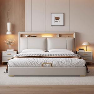 【並行輸入品】 DLCQIJI King Size Upholstered Platform Bed Frame Genuine Leather