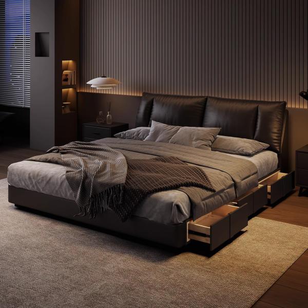 【並行輸入品】 HONGYISHI Black Genuine Leather Bed Uphols...