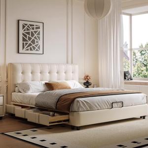 【並行輸入品】 HONGYISHI Modern Minimalist Genuine Leather Bed Upholstered Plat