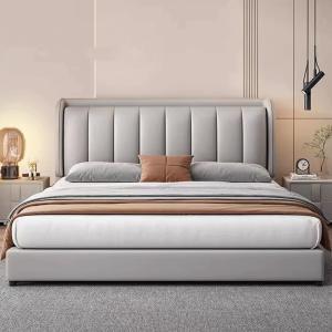 【並行輸入品】 HONGYISHI Gray Genuine Leather Bed Upholstered Platform Bed Fram