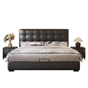 【並行輸入品】 DLCQIJI Black Genuine Leather Wood Bed Upholstered Platform Bed