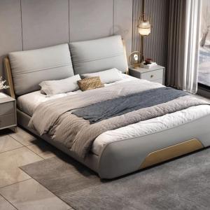 【並行輸入品】 LSIGHTUS Gray Genuine Leather Wood Bed Upholstered Platform Bed