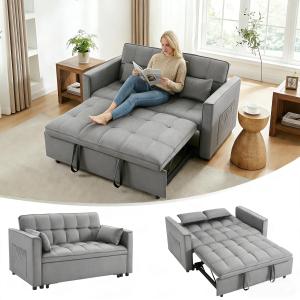 【並行輸入品】SUNPOKUILN コンバーチブルソファベッド 引き出し式ソファ 3イン1 サイドポケット付き ベルベット生地 ラブシートスリー