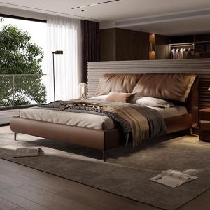 【並行輸入品】 HONGYISHI Brown Genuine Leather Bed Set Upholstered Platform Bed