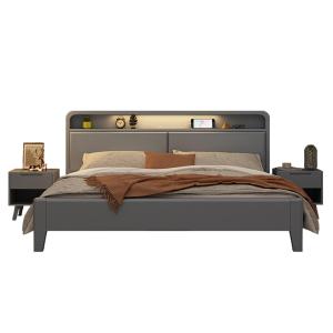 【並行輸入品】 HONGYISHI Gray Genuine Leather Bed Set Upholstered Platform Bed