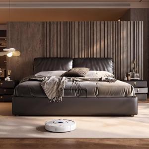 【並行輸入品】 DLCQIJI Black Queen Size Genuine Leather Wood Bed Upholstered Pl