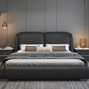 【並行輸入品】 HONGYISHI King Size Genuine Leather Wood Bed Upholstered Platfor
