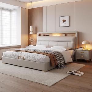 【並行輸入品】 HONGYISHI White Genuine Leather Bed Upholstered Platform Bed Fra