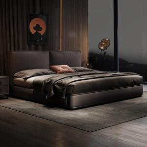 【並行輸入品】 HONGYISHI Gray Genuine Leather Wood Bed Upholstered Platform Bed