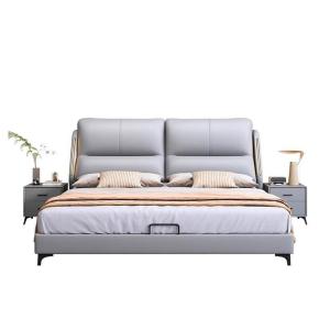 【並行輸入品】 HONGYISHI Gray Queen Size Genuine Leather Wood Bed Upholstered P