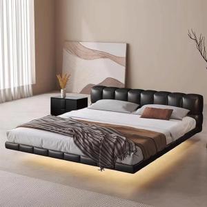 【並行輸入品】 HONGYISHI Black Genuine Leather Bed Upholstered Platform Bed Fra