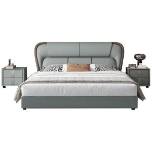 【並行輸入品】 HONGYISHI Queen Size Genuine Leather Wood Bed Upholstered Platfo