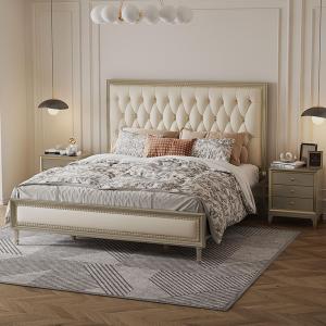 【並行輸入品】 HONGYISHI Queen Size Genuine Leather Wood Bed Upholstered Platfo