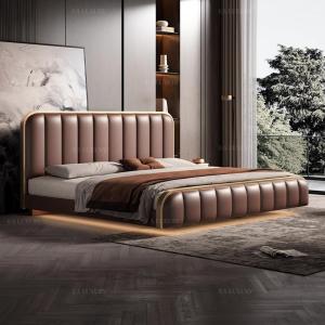 【並行輸入品】 DLCQIJI Brown Genuine Leather Wood Bed Upholstered Platform Bed