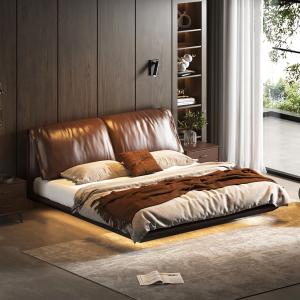 【並行輸入品】 DLCQIJI Brown Queen Size Genuine Leather Bed Upholstered Platfor