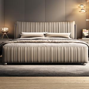 【並行輸入品】 DLCQIJI King Size Genuine Leather Wood Bed Upholstered Platform