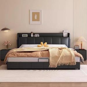 【並行輸入品】 DLCQIJI Black Genuine Leather Wood Bed Upholstered Platform Bed