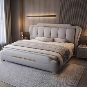 【並行輸入品】 DLCQIJI King Size Genuine Leather Wood Bed Upholstered Platform