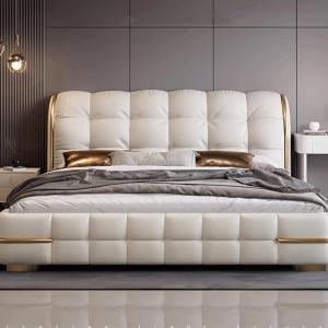 【並行輸入品】 DLCQIJI White King Size Genuine Leather Wood Bed Upholstered Pla