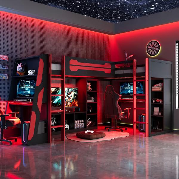 【並行輸入品】 Merax L Shaped Wooden Gaming Bed Frame wit...