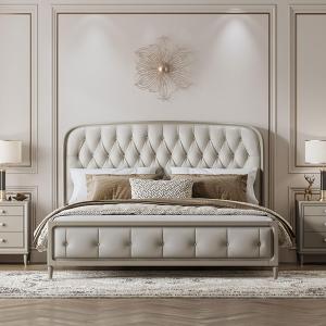 【並行輸入品】 DLCQIJI White Mid Century Genuine Leather Bed Set Upholstered Pl