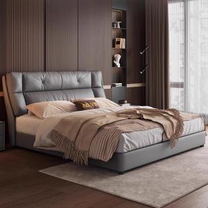 【並行輸入品】 LSIGHTUS Modern Gray Genuine Leather Wood Bed Upholstered Platfo