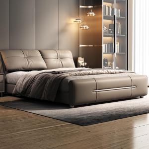 【並行輸入品】 HONGYISHI King Size Genuine Leather Wood Bed Upholstered Platfor