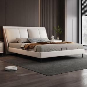 【並行輸入品】 LSIGHTUS White Genuine Leather Bed Upholstered Platform Bed Fram