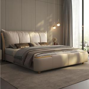 【並行輸入品】 HONGYISHI King Size Genuine Leather Wood Bed Upholstered Platfor