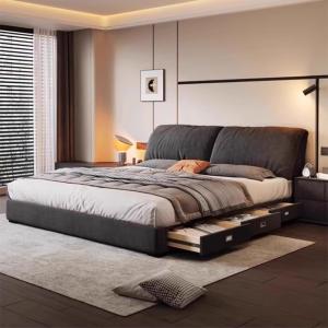【並行輸入品】 HONGYISHI Black Modern Queen Size Genuine Leather Wood Bed Uphol