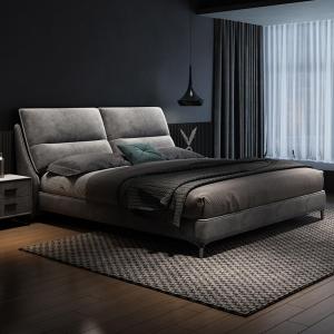 【並行輸入品】 DLCQIJI Gray King Size Genuine Leather Wood Bed Upholstered Plat