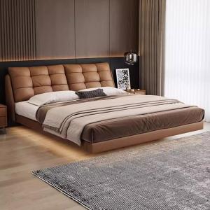 【並行輸入品】 DLCQIJI Brown Queen Size Genuine Leather Wood Bed Upholstered Pl