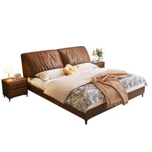 【並行輸入品】 LSIGHTUS Mid Century Queen Size Brown Genuine Leather Bed Uphols