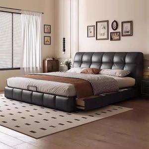 【並行輸入品】 HONGYISHI Black Modern Genuine Leather Bed Upholstered Platform