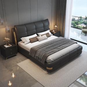 【並行輸入品】 HONGYISHI Black Genuine Leather Wood Bed Upholstered Platform Be