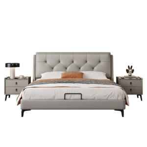 【並行輸入品】 HONGYISHI Gray Queen Size Genuine Leather Bed Upholstered Platfo