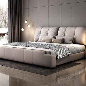【並行輸入品】 HONGYISHI Gray Genuine Leather Bed Upholstered Platform Bed Fram