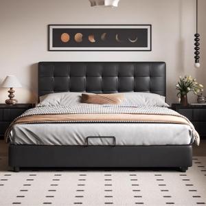 【並行輸入品】 HONGYISHI Black Queen Size Genuine Leather Wood Bed Upholstered