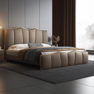 【並行輸入品】 HONGYISHI King Size Genuine Leather Wood Bed Upholstered Platfor