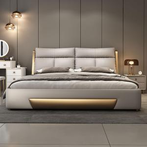 【並行輸入品】 HONGYISHI Gray Queen Size Genuine Leather Wood Bed Upholstered P