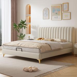 【並行輸入品】 LSIGHTUS White Queen Size Genuine Leather Wood Bed Upholstered P