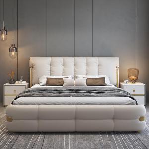【並行輸入品】 LSIGHTUS Queen Size Genuine Leather Wood Bed Upholstered Platfor