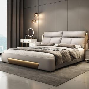 【並行輸入品】 LSIGHTUS Gray Mid Century Queen Size Genuine Leather Wood Bed Up