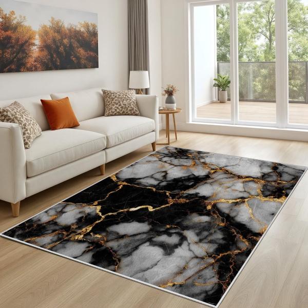 【並行輸入品】 Abstract Marble Area Rug 2x3   Black White...