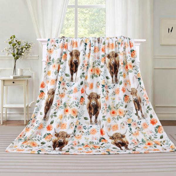 【並行輸入品】 Highland Cow Blanket Watercolor Flower Flo...
