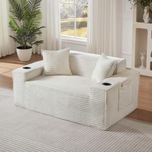【並行輸入品】 78'' Chenille Modular Loveseat, White Boneless Loveseat with 2 P