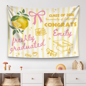【並行輸入品】 Personalized Graduation Backdrop, Freshly Graduated Lemon Decor,